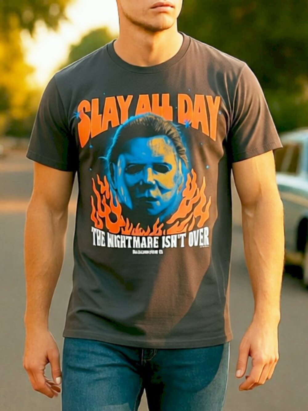 NEW MEN'S RETRO HALLOWEEN II SLAY ALL DAY GRAY GRAPHIC T-SHIRT MENS SIZE MEDIUM